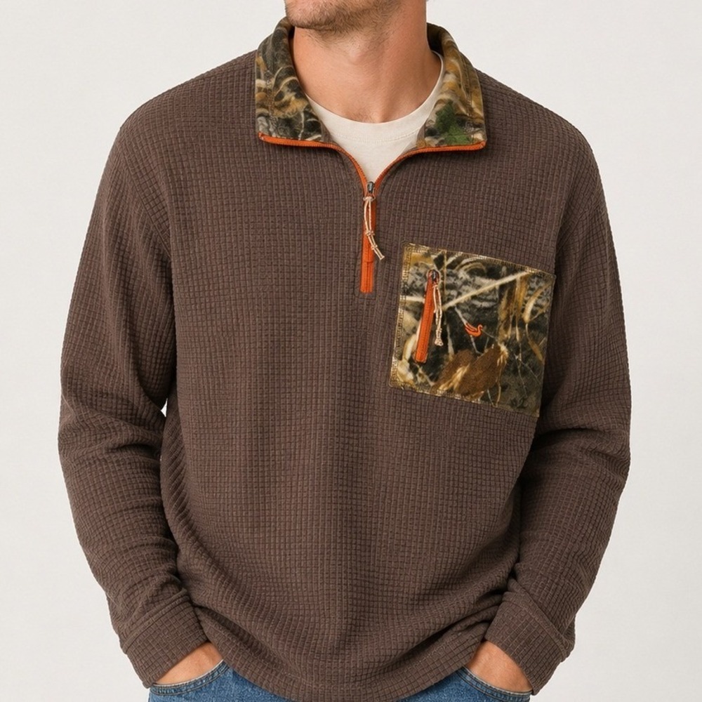 Southern Marsh Pullover Mens L Brown Fieldtec Dune Camo Waffle Knit Quarter Zip